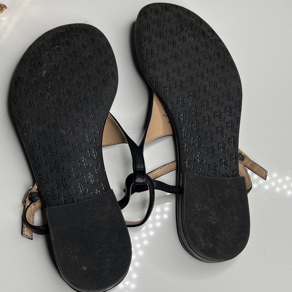 Lauren Ralph Lauren Sz 7 Ellington Black Leather Flat T Strap Sandals - Picture 7 of 8